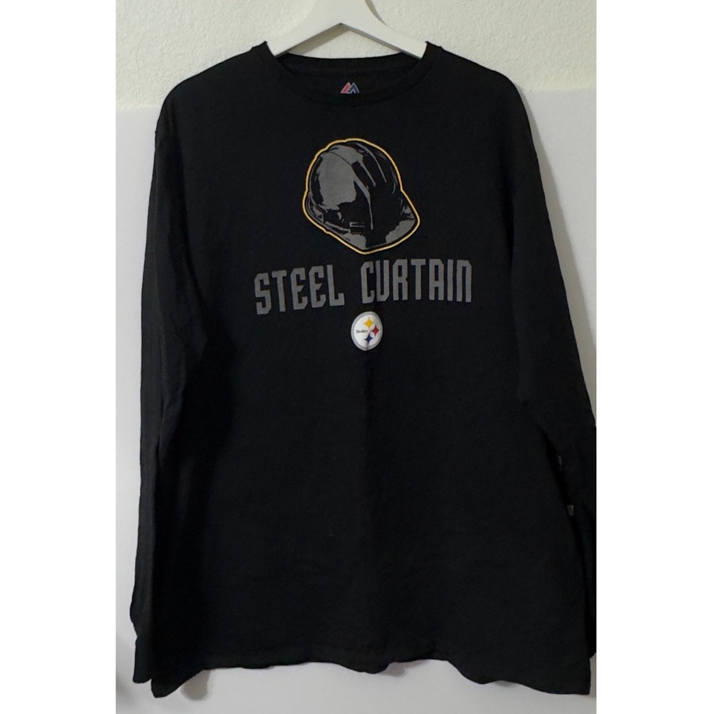 Majestic Pittsburgh Steelers Shirt Mens 2XL Black Steel Curtain Long